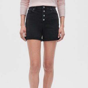 Black flashback high rise jean shorts with fly buttons